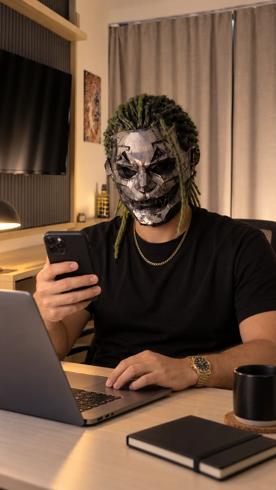 Andy at his home desk with his laptop and phone